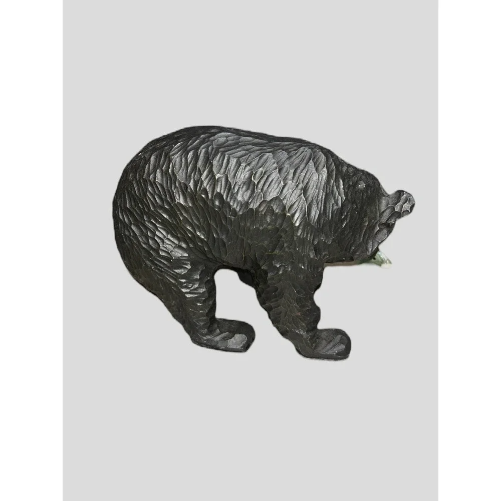 Wood Bear Figurine with Fish Collectible Sculpture  antique